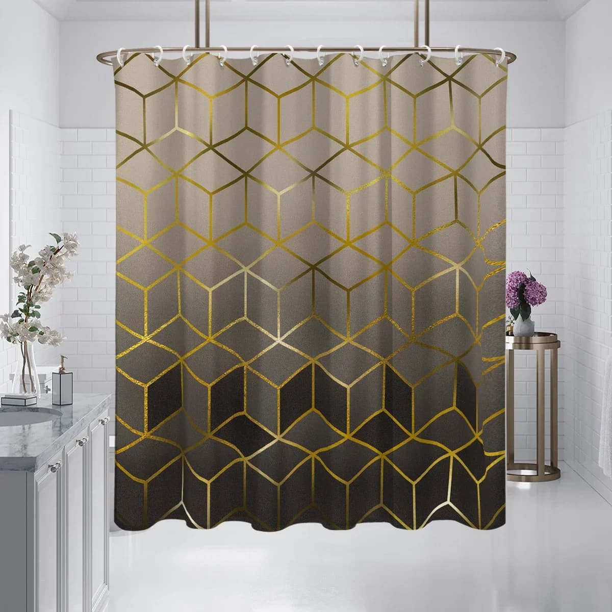 Tenda da doccia stampata con motivo scozzese sfumato marrone, impermeabile, lavabile, con 12 ganci, bagno doccia, vasca da bagno, uso domestico