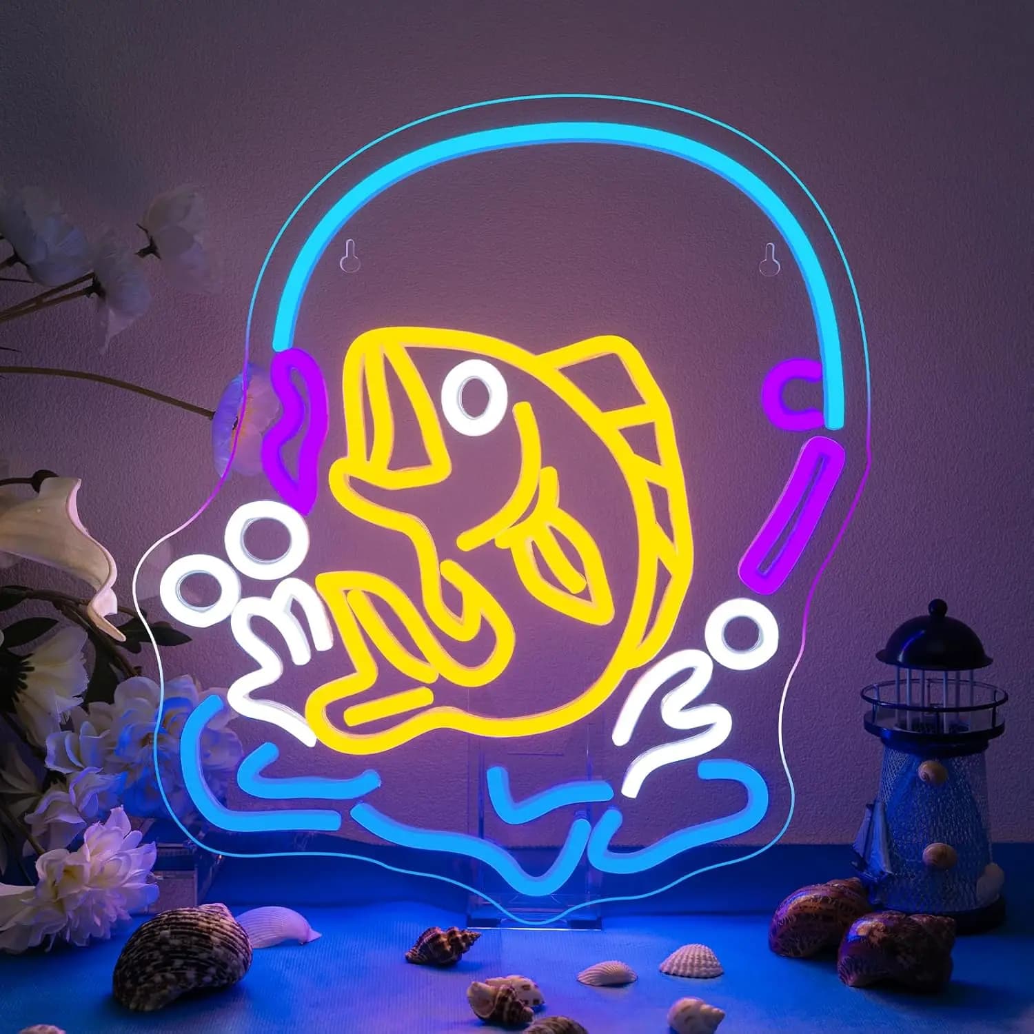 Insegna al Neon di Pesca con Luce LED Dimmerabile USB per Cucina Costiera, Negozio di Pesca, Sala Giochi, Decorazione Camera da Letto, Regalo Personalizzato