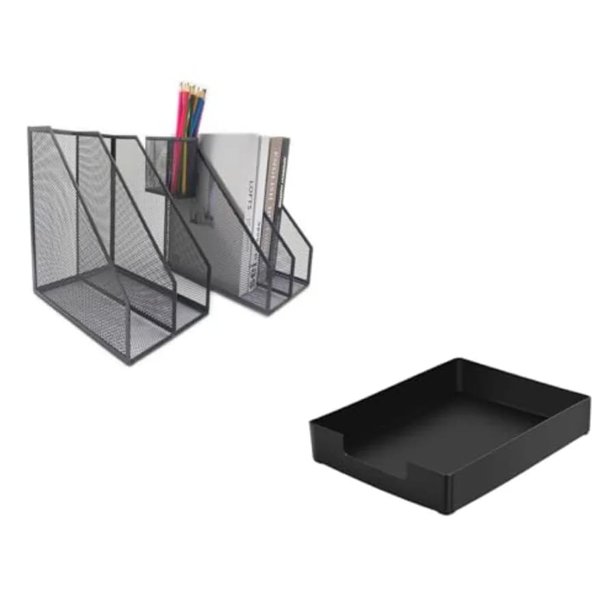 Set di 2 Portadocumenti in Metallo, Organizzatore per Documenti in Rete + Vassoio in Plastica Formato Lettera, Set Organizzatore per Cassetti da Scrivania per Ufficio, Scuola e Casa