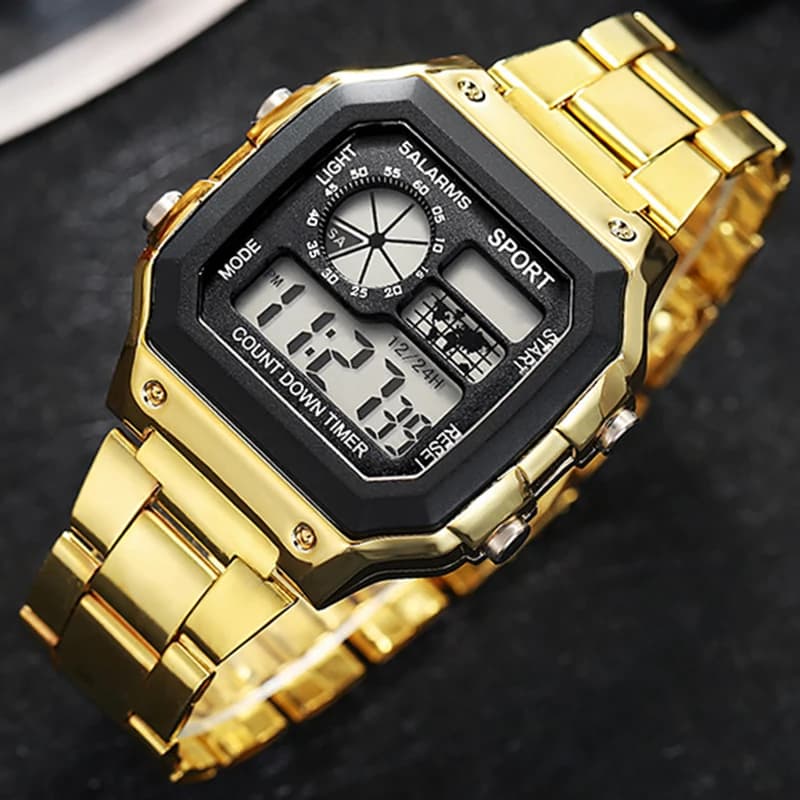 MAYZHISU Classic men's digital watches Sports watches with luxury stainless steel strap Men's military watch LED sports wristwatch