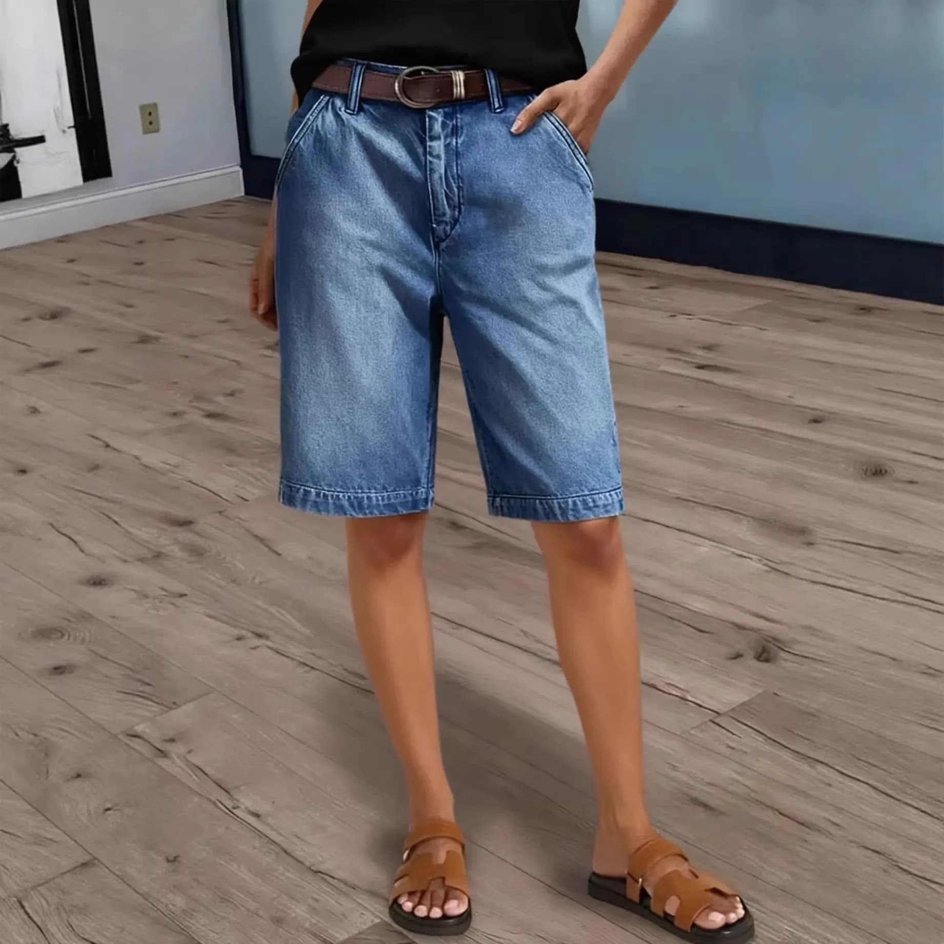 Shorts in denim da donna al ginocchio, casual, a vita alta, elasticizzati, con tasche, modello dritto