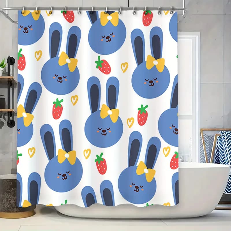 Adorabile tenda da doccia con coniglietto blu, decorazione per il bagno, design per cartoni animati per bambini, tessuto impermeabile per bagni di casa