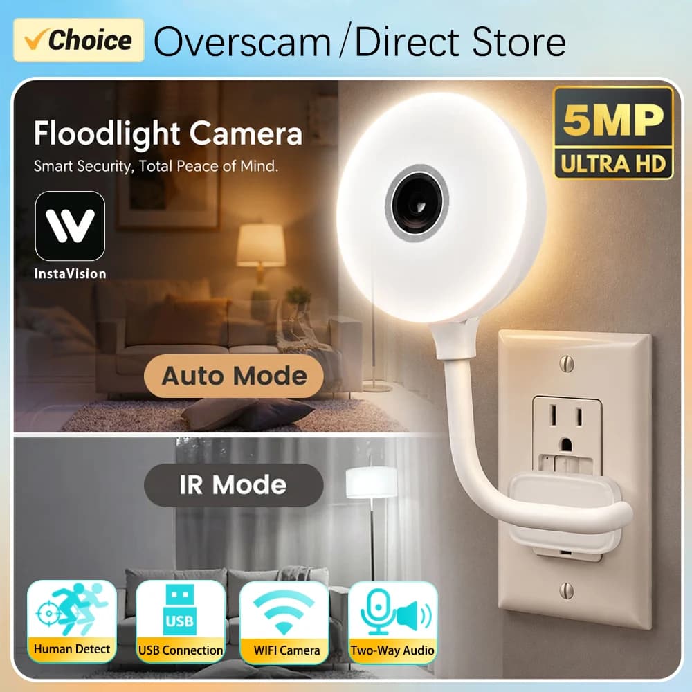 Mini Telecamera 5MP per Sicurezza Domestica con Faretto, Monitor Video per Bambini, Rilevamento Movimento, Audio Bidirezionale, Monitor per Animali Domestici, Telecamera USB