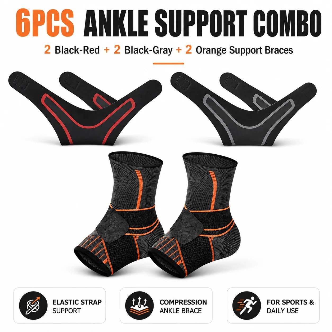 6PCS Ankle Support Combo Set, 2 Strap Wraps Black Red, 2 Black Gray, 2 Compression Braces for Sports Running Pain Relief Gym Use