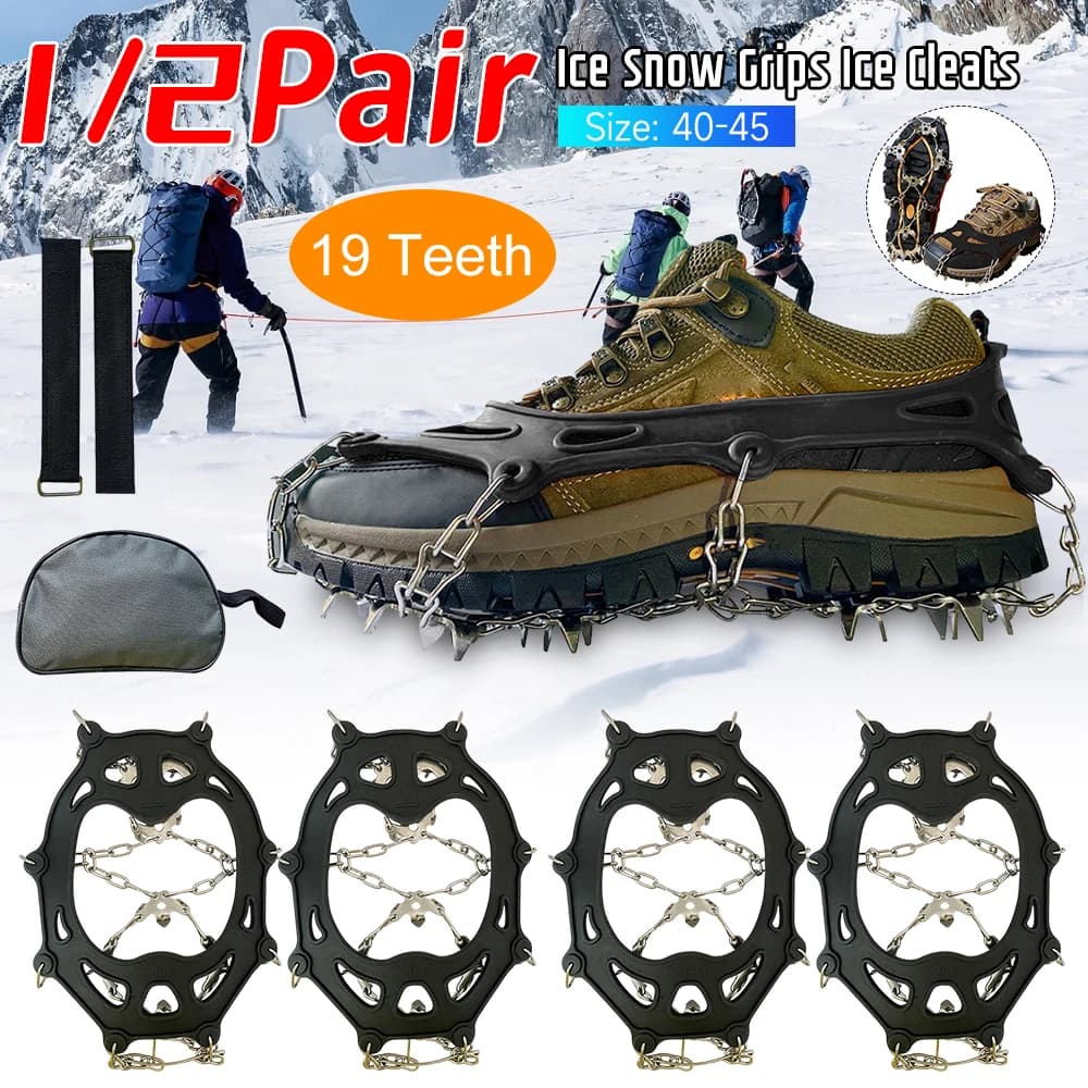1/2Pair 19 Denti Punte da neve Ramponi Antiscivolo Pinza da ghiaccio Tacchetti Catena Artigli per Escursionismo Arrampicata Pesca Stivali da passeggio Copertura