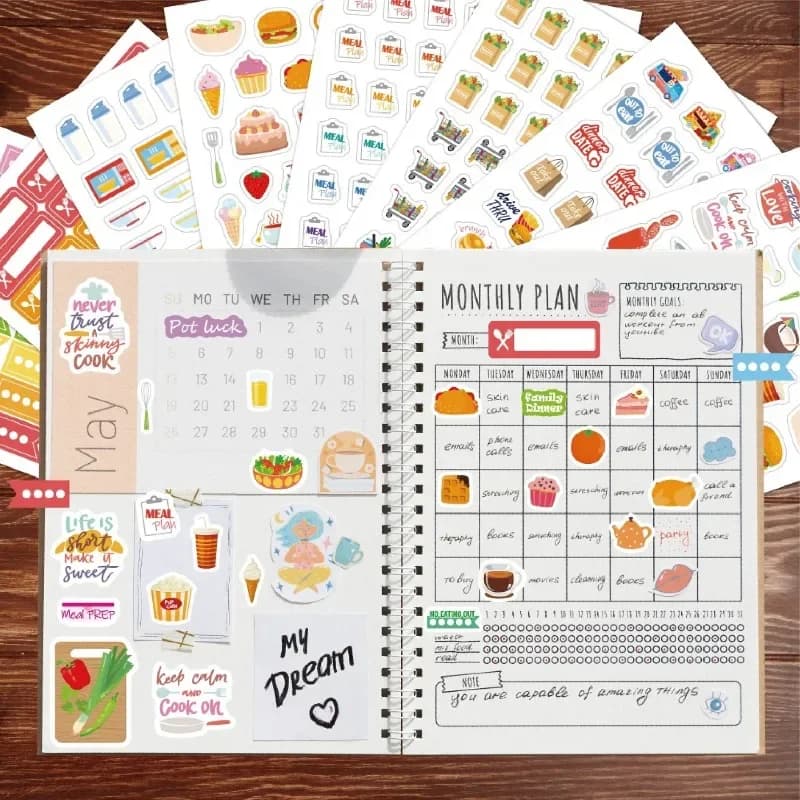Adesivi per la pianificazione degli alimenti Adesivi per decorazioni di cancelleria Libro Cibo quotidiano e shopping per pianificazione Calendari Diario