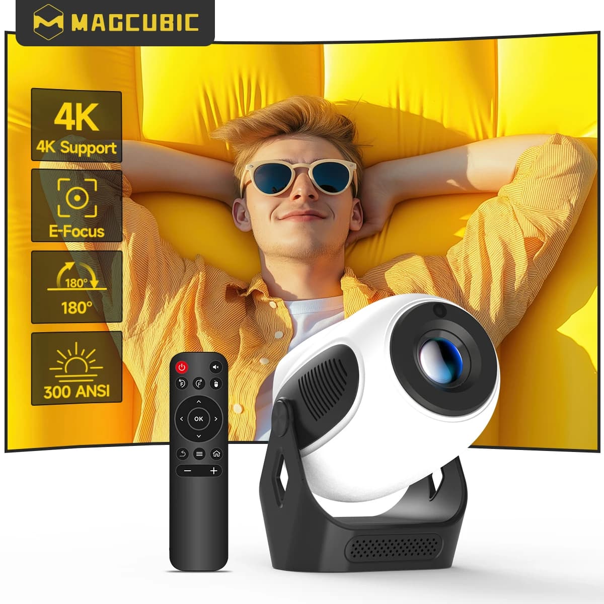 Proiettore Magcubic HY300 X 4K Android 11 con messa a fuoco elettrica 300Ansi Wifi6 BT5.0 Proiettore portatile HIFI Sound Home Outdoor