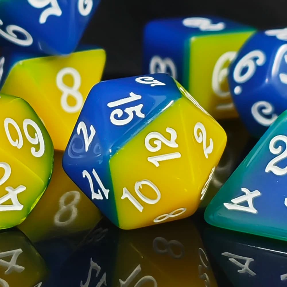 Set di Dadi Poliedrici Bicolore Blu e Giallo 7pz D4-D20 per Giochi da Tavolo DND RPG MTG per D&D TRPG