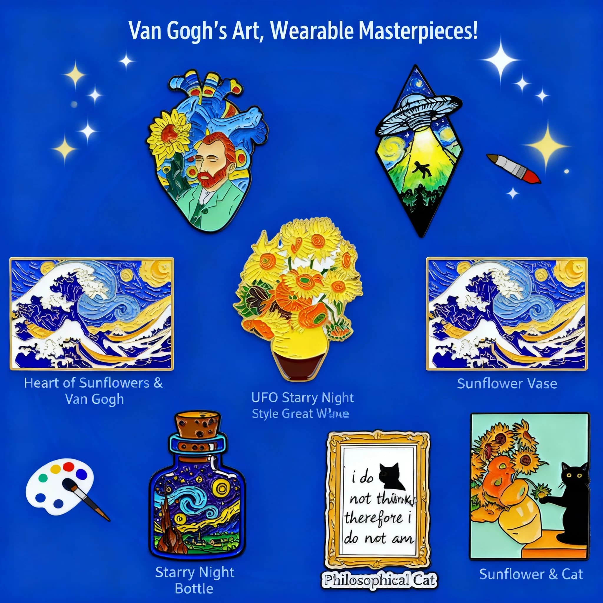 Van Gogh Starry Night Sunflower Brooch Pin Badge Clothing Bag Accessories Alloy Enamel Lapel Gift
