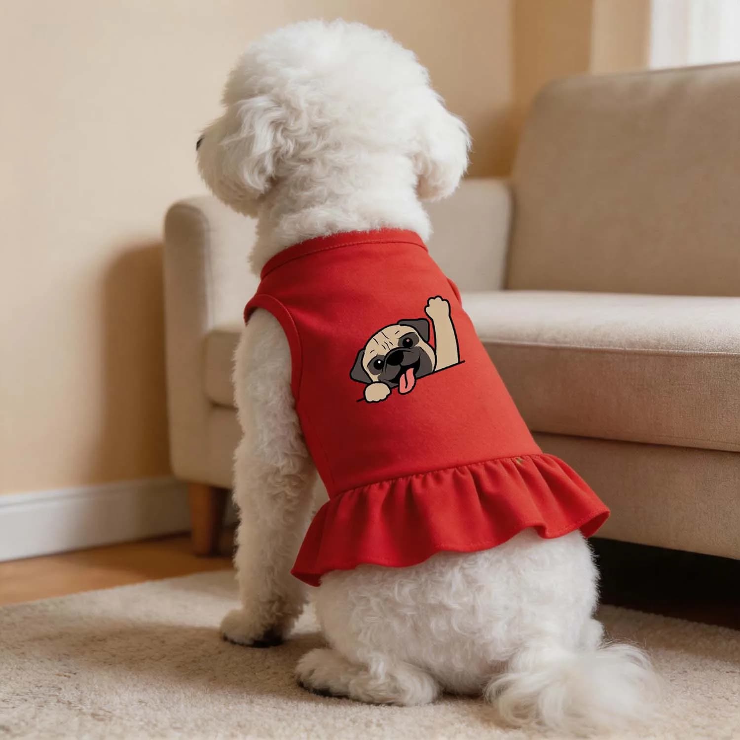 1PC Interesting small pig pattern pet dog dress, soft cotton sleeveless ruffled hem dog clothing