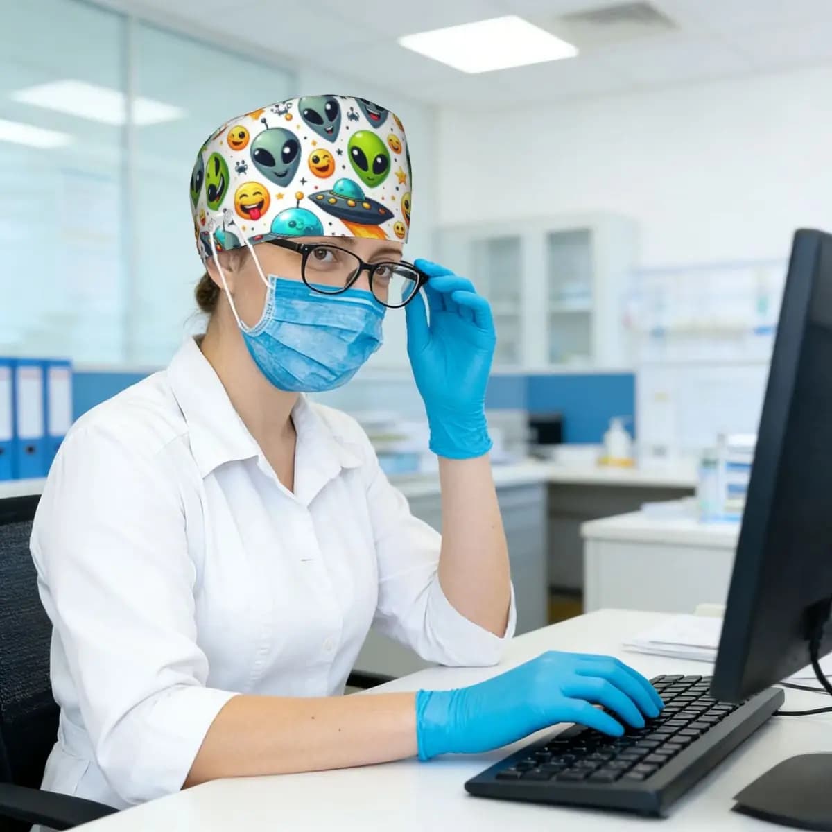 Green Alien And UFO Pattern Scrub Hat Doctor Working Surgical Cap Unisex Adjustable Nursing Caps for Dentist