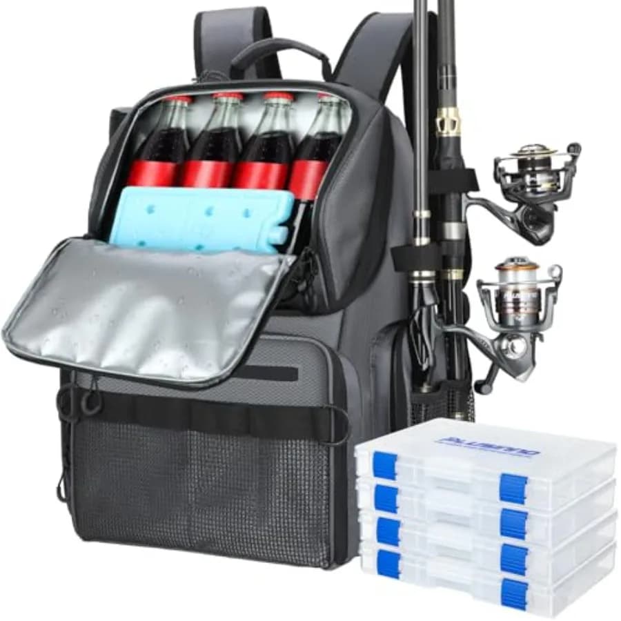Zaino da Pesca Impermeabile da 45L con Portacanne per Uomo, Borsa per Attrezzatura da Pesca Nera Resistente e Capiente