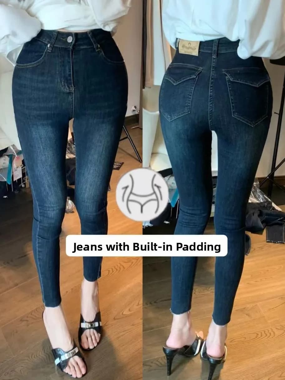 Jeans a vita alta slim fit con effetto imbottito sui fianchi, vintage, blu intenso, elasticizzati, modellanti e snellenti, a gamba affusolata