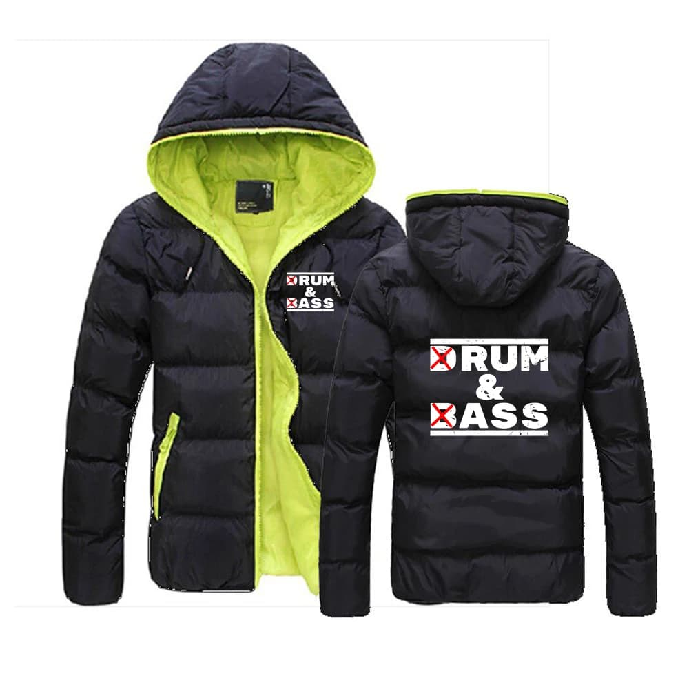 Drum & Bass Lovers Rum & Ass Citazione divertente 2025 Nuova giacca invernale calda Cappotto imbottito in cotone da uomo con cappuccio Felpe con cappuccio da esterno antivento