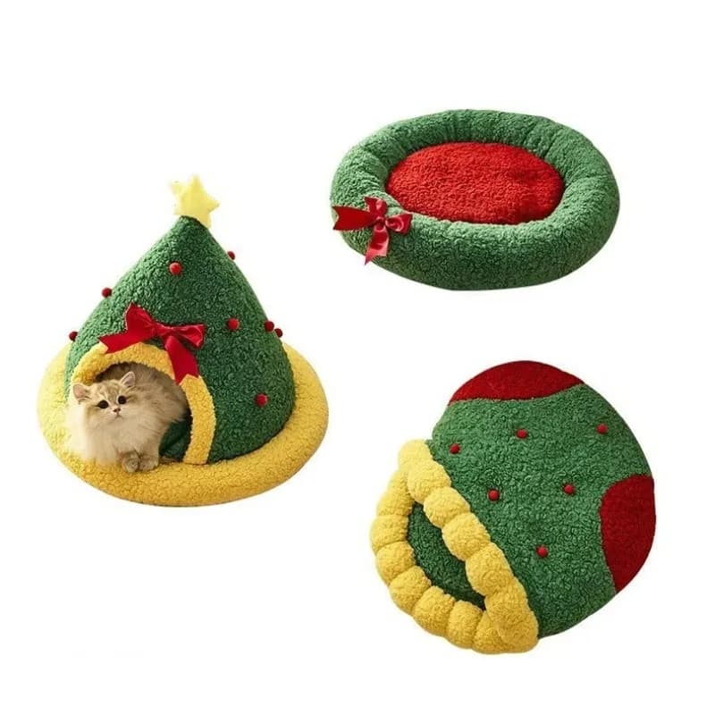 Letto per gatti in peluche a tema natalizio: graziosa calza natalizia e design ad albero, tessuto ultra morbido per i pisolini invernali di Kitty