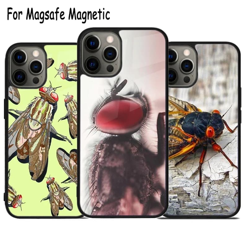 Cover Magnetica Magsafe con Ricarica Wireless a Tema Insetto Volante Occhi Rossi per iPhone 17 Air 15 16 16e 14 13 11 12 Pro Max Plus