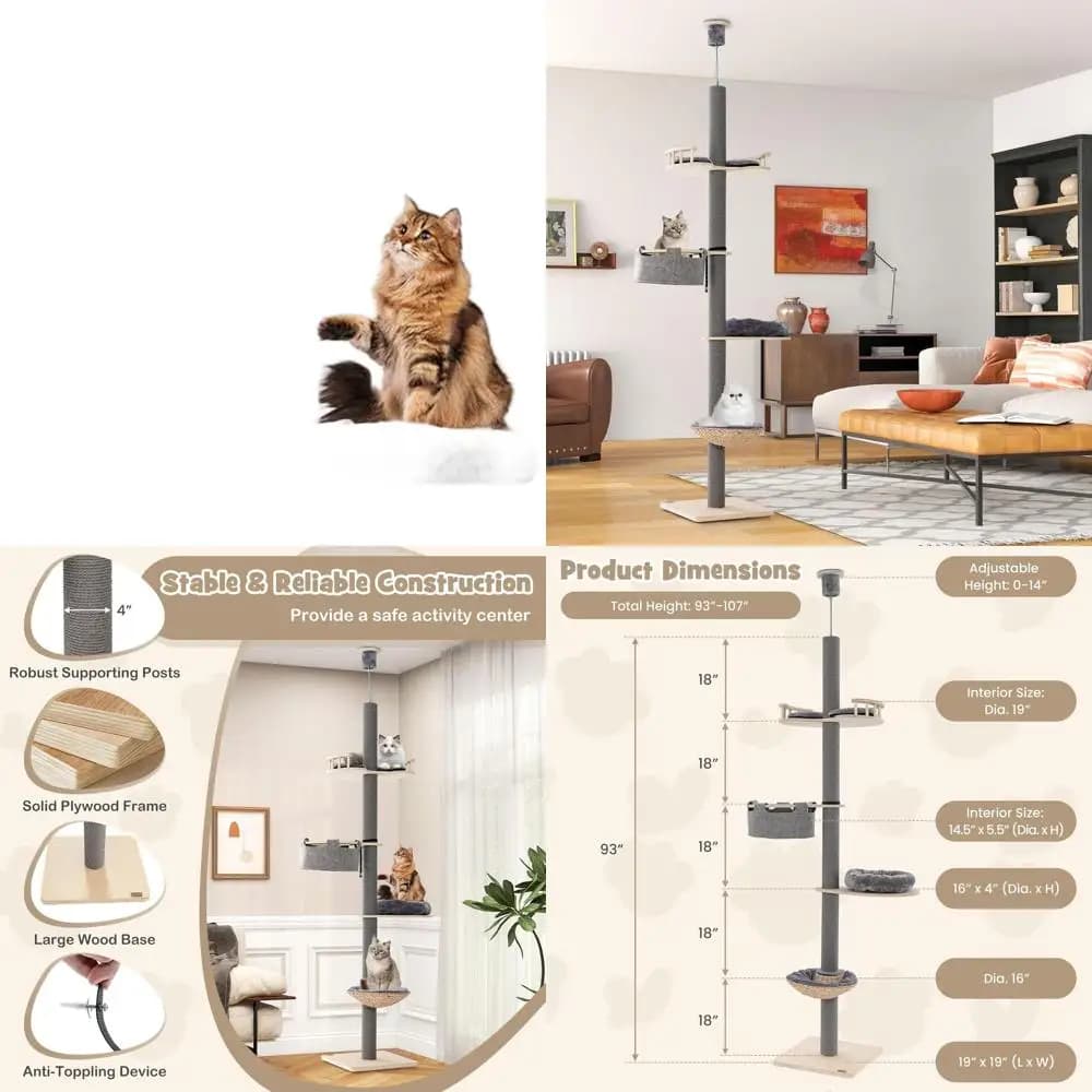 Albero per Gatti a 5 Livelli Regolabile in Altezza 93-107 cm con Tiragraffi, Amaca e Cuccia