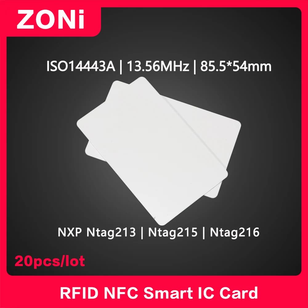 NFC NTAG213 Carta ISO14443A 13.56 MHz NXP NTAG213 NTAG215 NTAG216 Etichetta RFID HF Elettronica Smart Tag IC PVC Carte 20 PZ