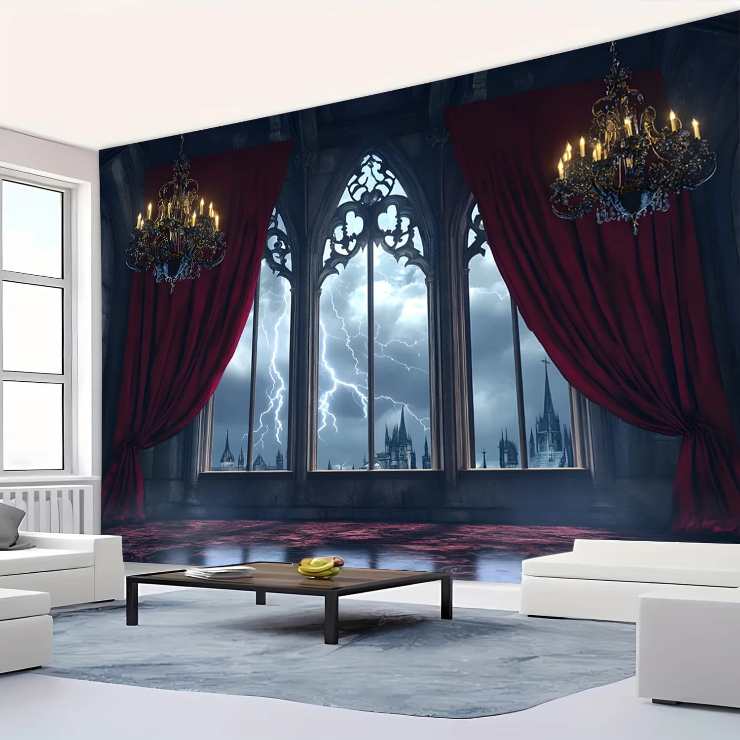 Gothic Castle Tapestry - Oversized Pointed Arch Window with Stormy Sky & Lightning, Dramatic Living Room Wall Art 180x320cm