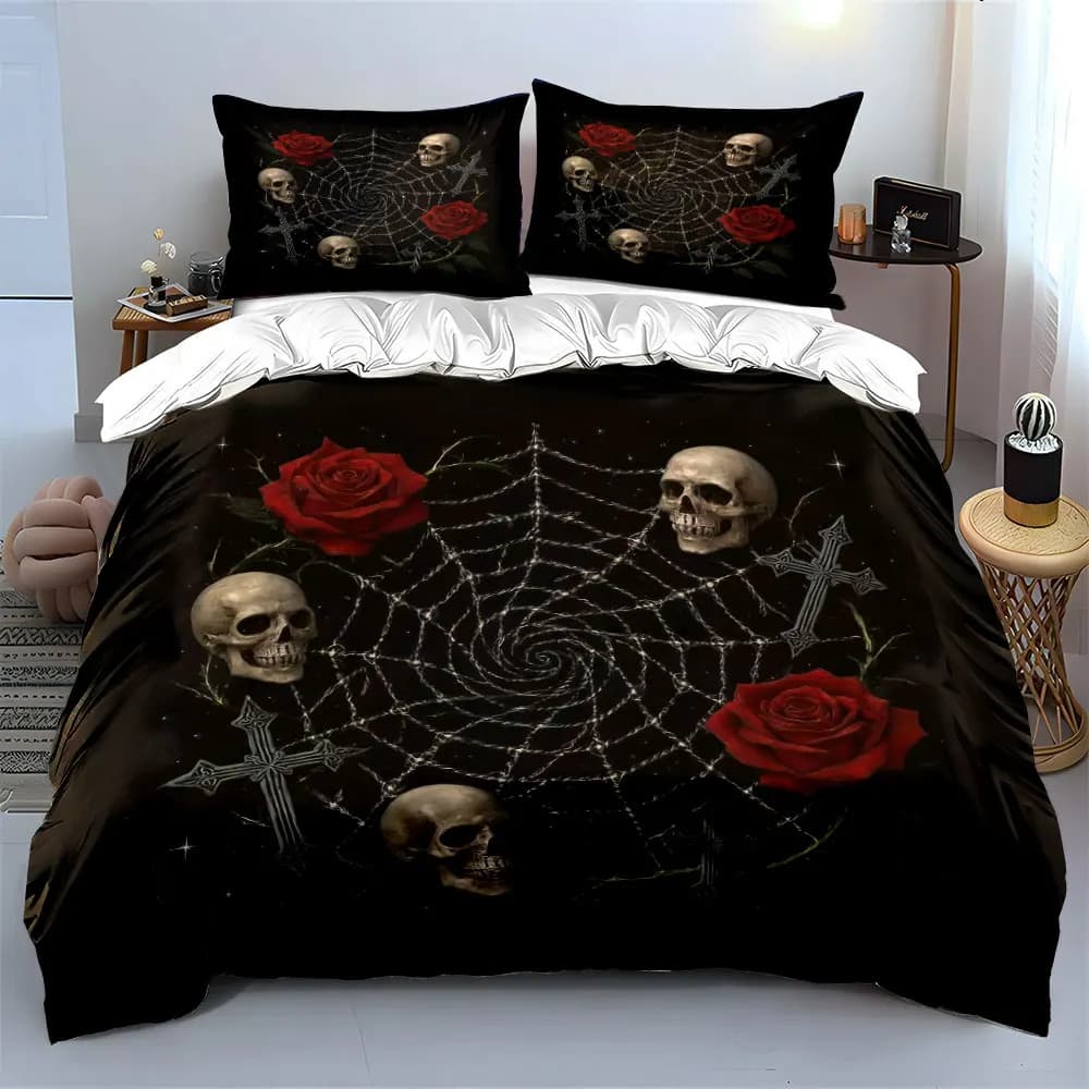 Set decorativo con teschio, rosa e ragnatela, set di biancheria da letto morbido e confortevole, include 1 copripiumino e 2 federe, regalo