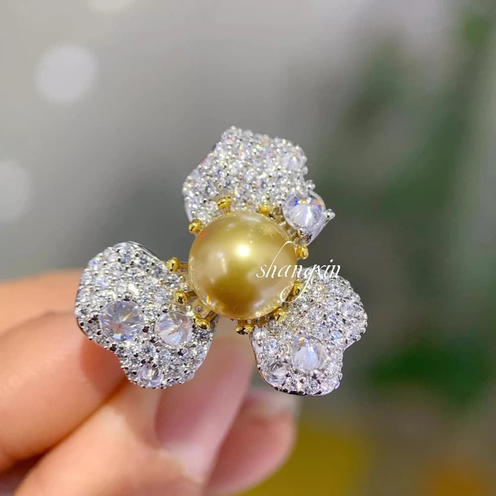 MeiBaPJ Fashion 10mm Natural Round Pearl Flower Ring Silver 925 DIY Holder Wedding Jewelry Set for Women