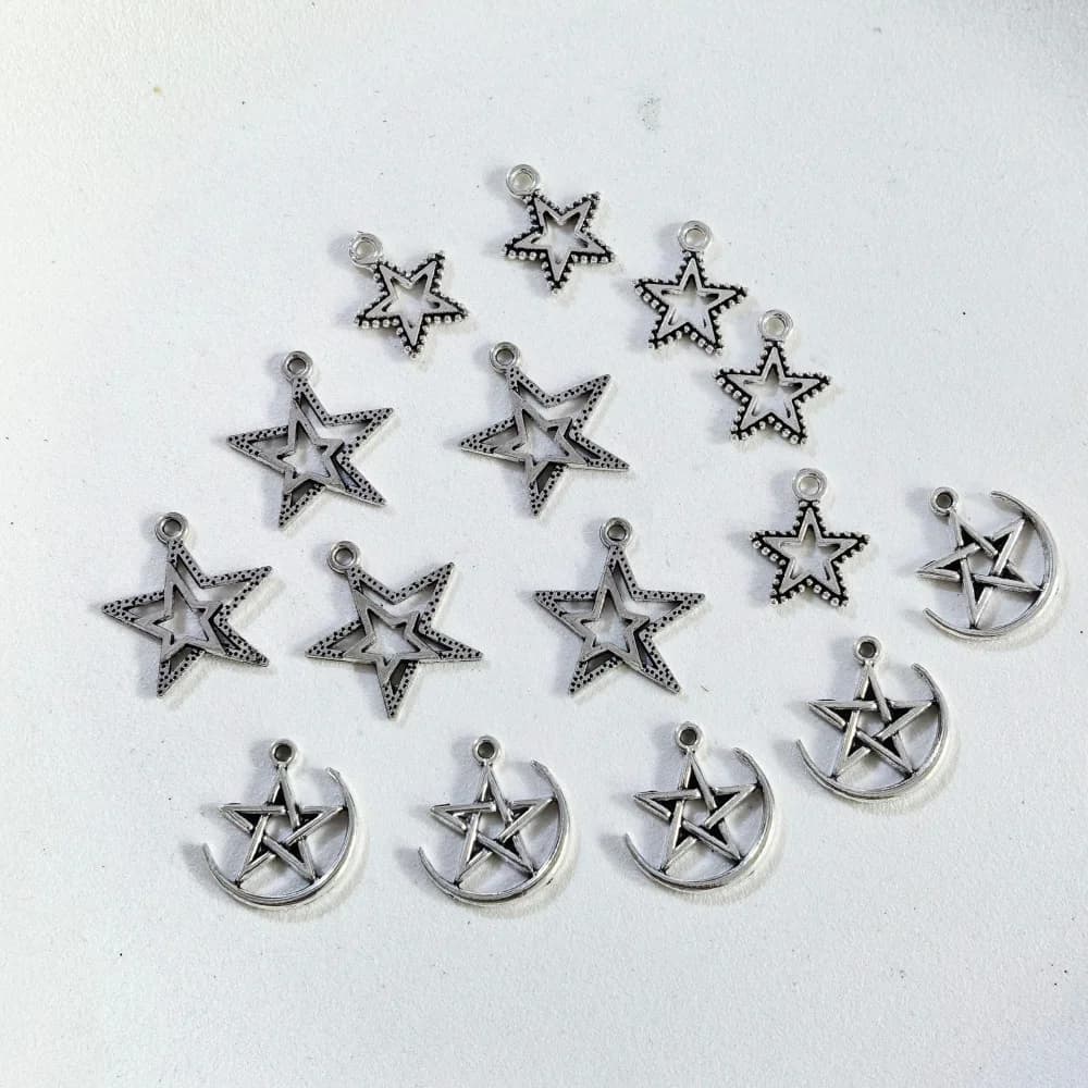 Antique Silver Pentagram Star Moon Charms Alloy Hollow Star Pendants Jewelry Making Supplies for Bracelet Necklace DIY Crafts