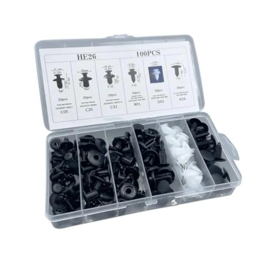 Set of 100 Universal Plastic Clips for Car Body, Bumper Rivets, Pressure Firing Kit with Pins