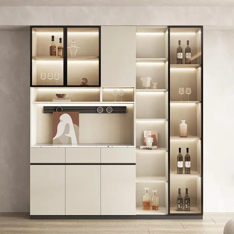 Credenza Moderna per Cucina, Mobile Alto con Ante in Vetro e Cassetto, Cantinetta Vini, Dispensa con Ripiani, Isola Cucina