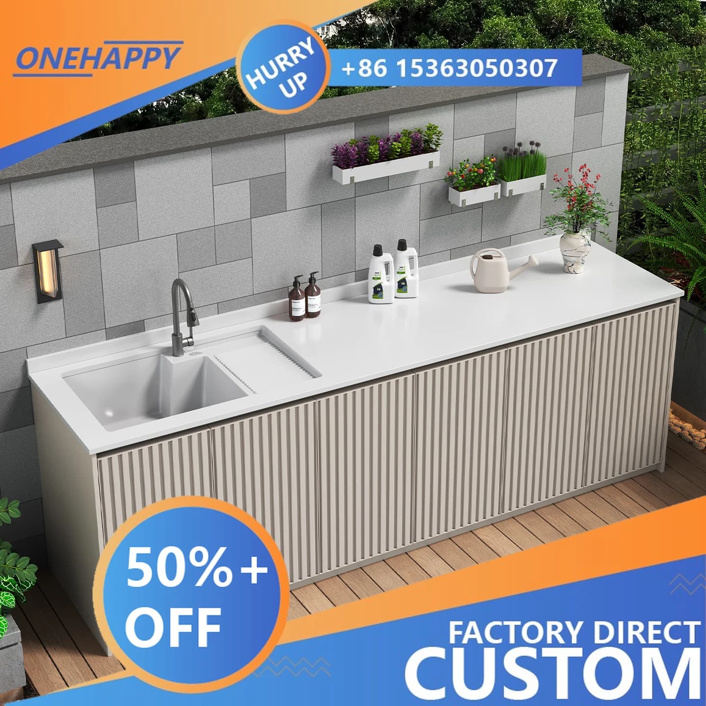 Mobile da Esterno su Misura per Lavanderia con Lavabo in Ceramica, in Alluminio a Nido d'Ape, Impermeabile, per Balcone, Disponibile in Ogni Misura