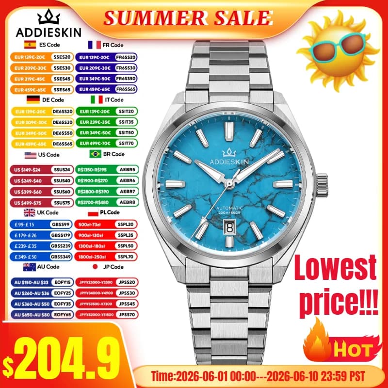 AddiesKIN K010 Automatic mechanical watch with turquoise dial 20Bar Waterproof sapphire crystal Movement 9015 BGW9 Luminous men's watch