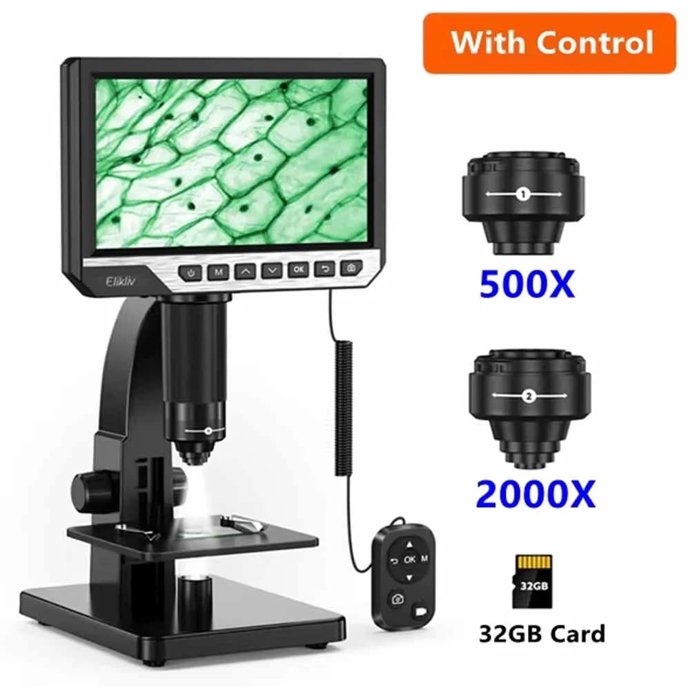 Elikliv EDM11S microscopio digitale 2000X 7 "IPS 12MP 1080P Lab microscopio biologico fotocamera doppia lente con telecomando