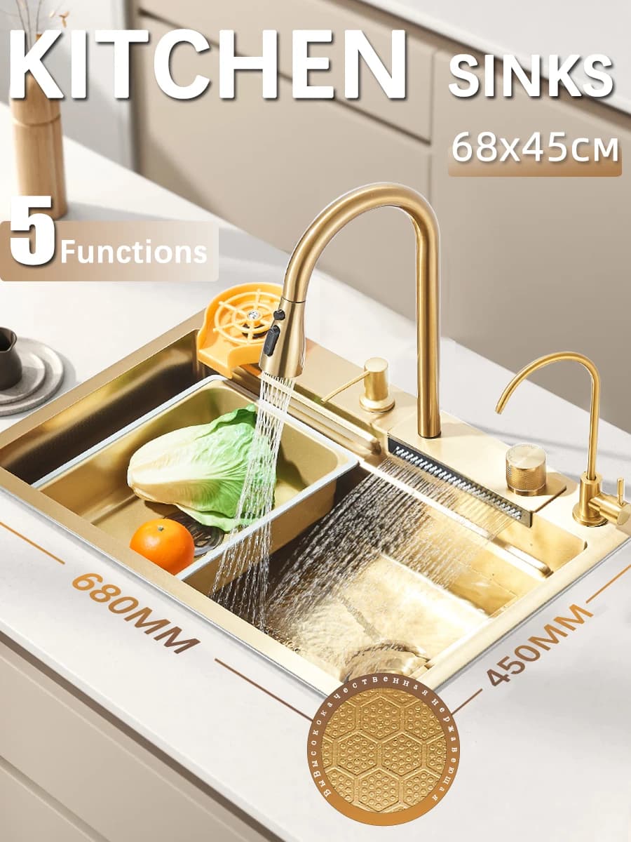 Lavello da cucina a cascata in acciaio inossidabile 304 grande set di rubinetti integrati a fessura singola dispenser di sapone/acqua pura/lavatrice per tazze
