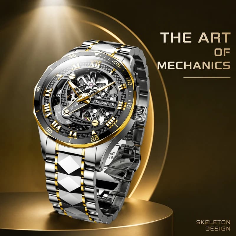 FeelNever Creative Luxury Mechanical Automatic Man Watch Business Sapphire Mirror Stainless Steel Hollow Out Waterproof Watches