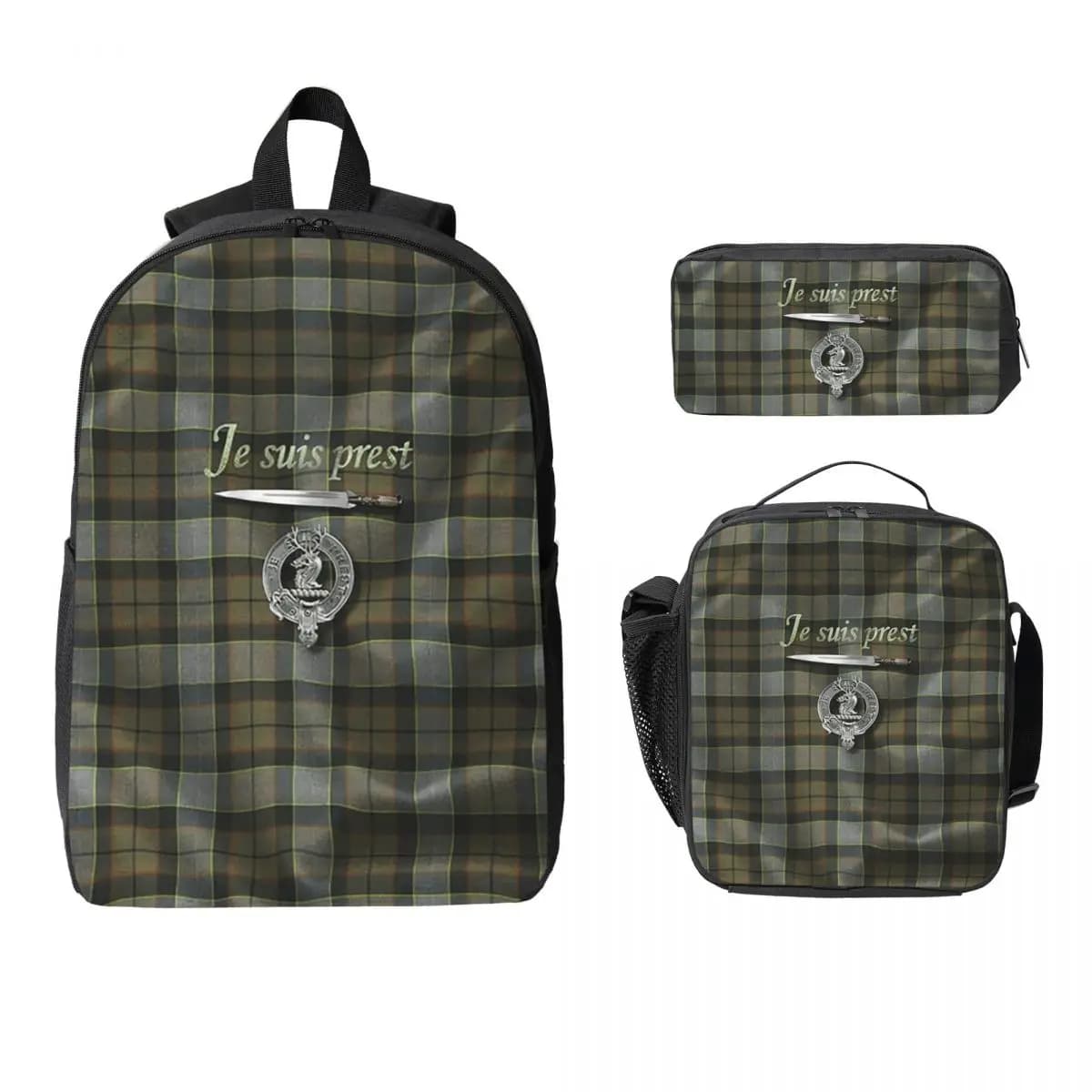 Je Suis Prest Tartan Outlander TV Zaino per studenti Borsa per libri Borsa per la scuola Borse a tracolla per computer 3 pezzi Borsa termica per il pranzo Astuccio per matite