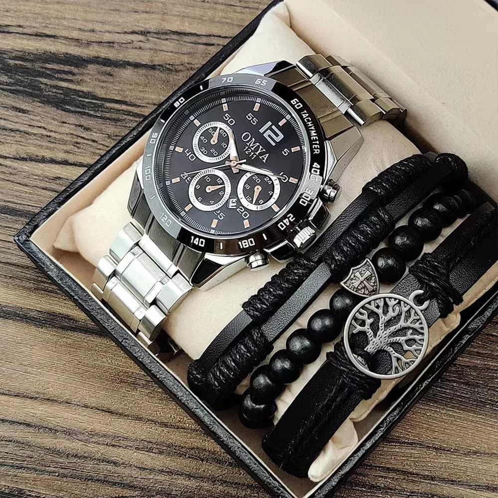 Men's Fashion Luxury Watches Men's Business Stainless Steel Quartz Wrist Watch With Men's Bracelets 4 pcs Relogio Masculine With Box