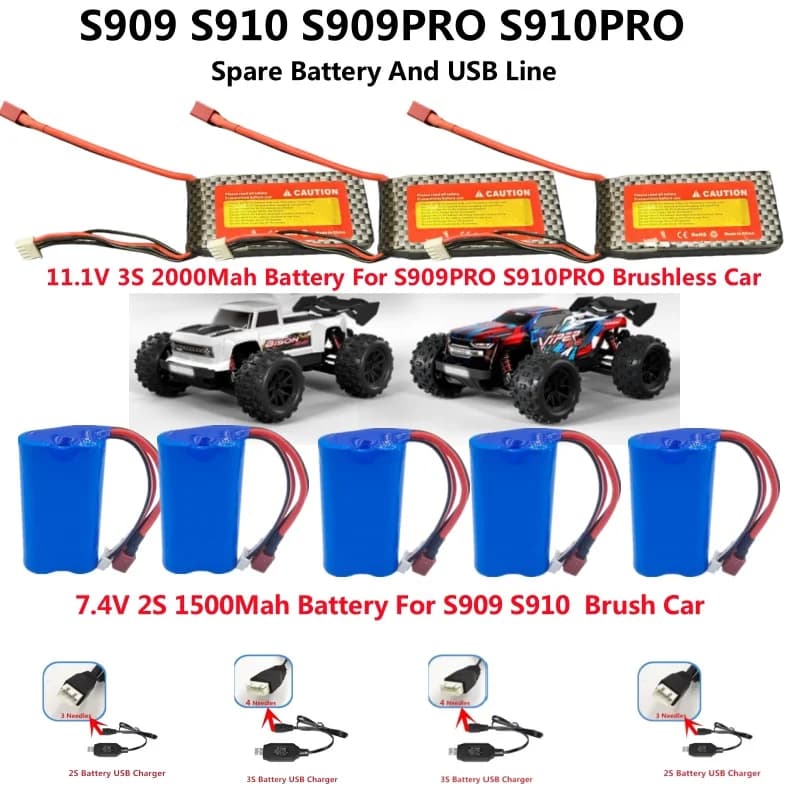 Batteria per Auto S909 PRO, Ricambio per Auto RC S909 S910 S909PRO S910PRO, 7.4V 2S 1500mAh, 11.1V 3S 2000mAh, Batteria/USB
