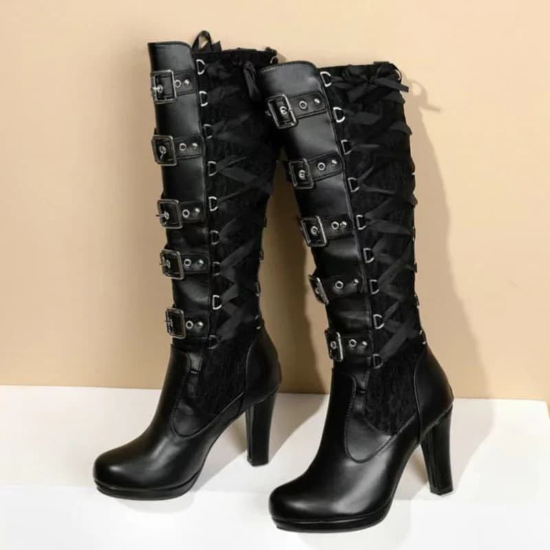 Rivets Belt buckle High thick heels Mid calf boots Women's Autumn Spring Long-crossed shoes Woman High Boots with Buckle for Retro Belt
