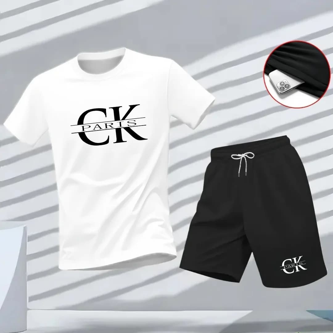 Fashion Men Short Suit Airy Sweat-Resistant T-Shirt & Adjustable Waist Shorts, Smooth Material With No-Peel Stable Print