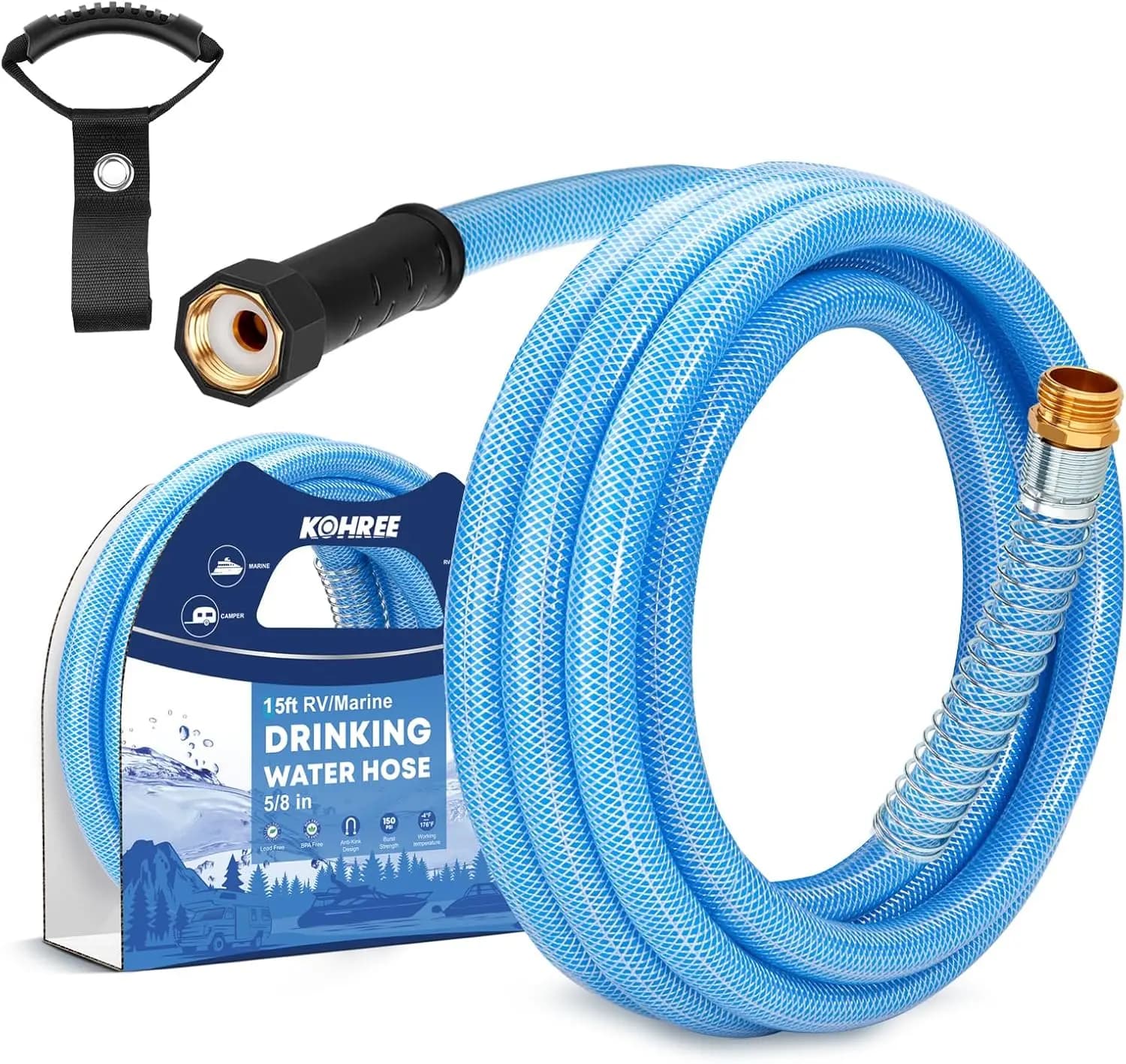 Tubo Flessibile per Acqua Potabile RV da 4,5 m (15FT) 5/8" Premium Anti-Aggrovigliamento Anti-Perdita con Cinghia Rinforzata in PVC Blu