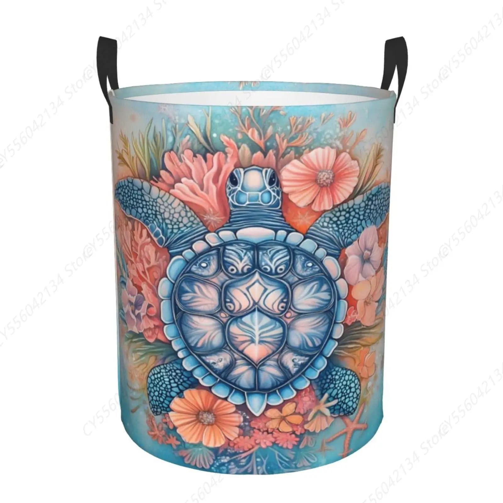 Basket for linen with rose flowers abstract turtle, waterproof linen basket, foldable container in fabric, for laundry / toys