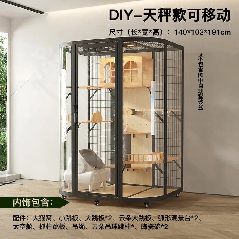 Cat Villa Luxury Large Space DIY Solid Wood Climbing Frame Household Glass Panoramic House Cabinet Cage Can Hold Cat Litter Box