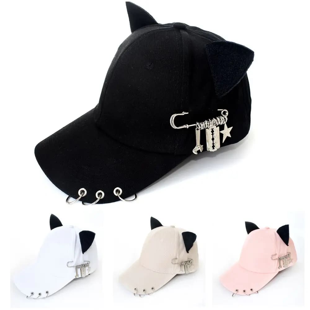 Outdoor Cat Ear Baseball Caps Adjustable Breathable Sunscreen Hat Iron Ring Cow Horn Peaked Cap Unisex