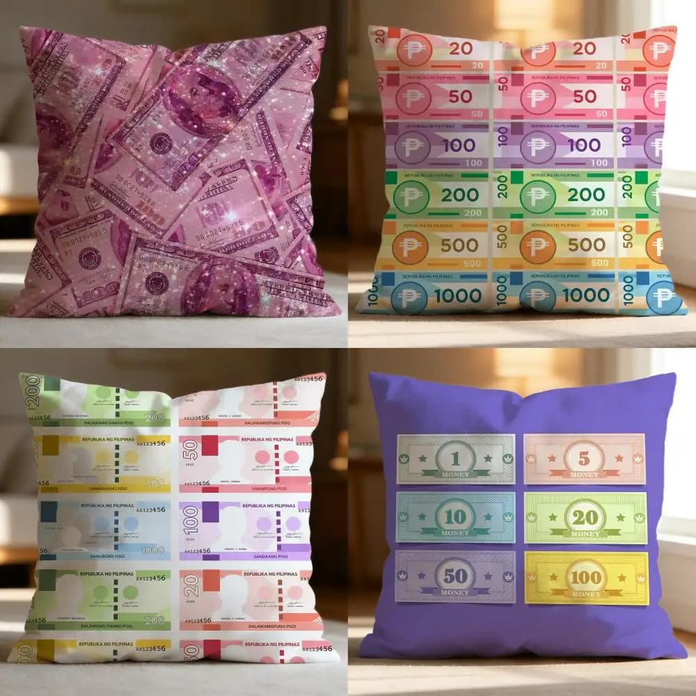 Fodera per cuscino trendy effetto banconote, morbida e lavabile, multiuso per divano, letto, viaggi, ufficio