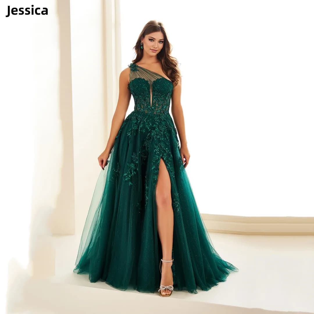 Jessica lace embroidery for women evening dresses tulle green dance dresses a shoulder robes de soirée personalized 2025