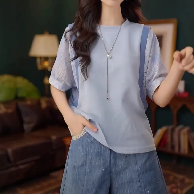 Women's Light Blue Mesh Lace Patchwork Short Sleeve Top Crew Neck Loose Casual Layered Look Blouse