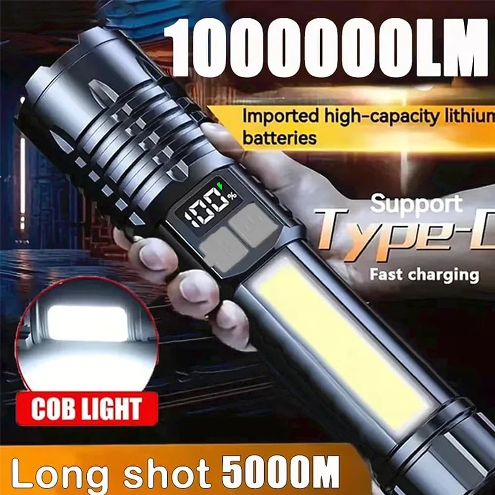 High Power LED Flashlight, powerful TYPE-C Rechargeable COB Flashlight with Side Light for Camping and Outdoor Hiking