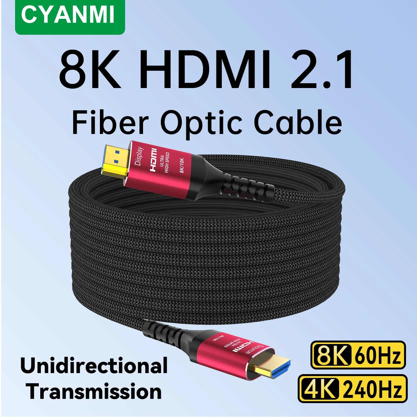 CYANMI 8K HDMI 2.1 CL3 optical fiber cable classified 48 Gbps eARC HDCP 2.2 and 2.3 compatible for Xbox PS5 8K@60 4K@120Hz/144Hz