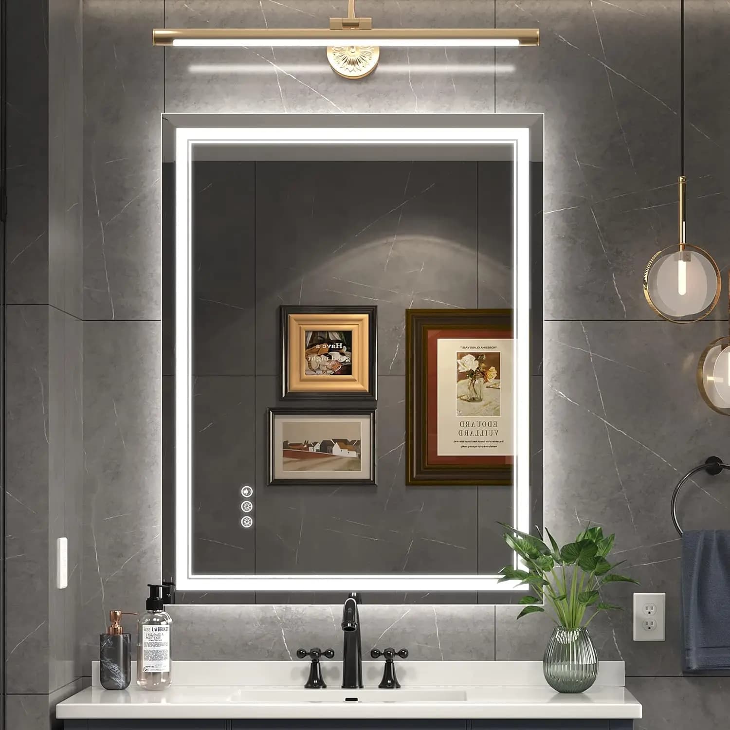 Specchio LED da Bagno 28x36 Pollici con Luci Frontali e Posteriori, Antiappannamento, Dimmerabile, Funzione Memoria, Vetro Temperato per Specchiera da Parete
