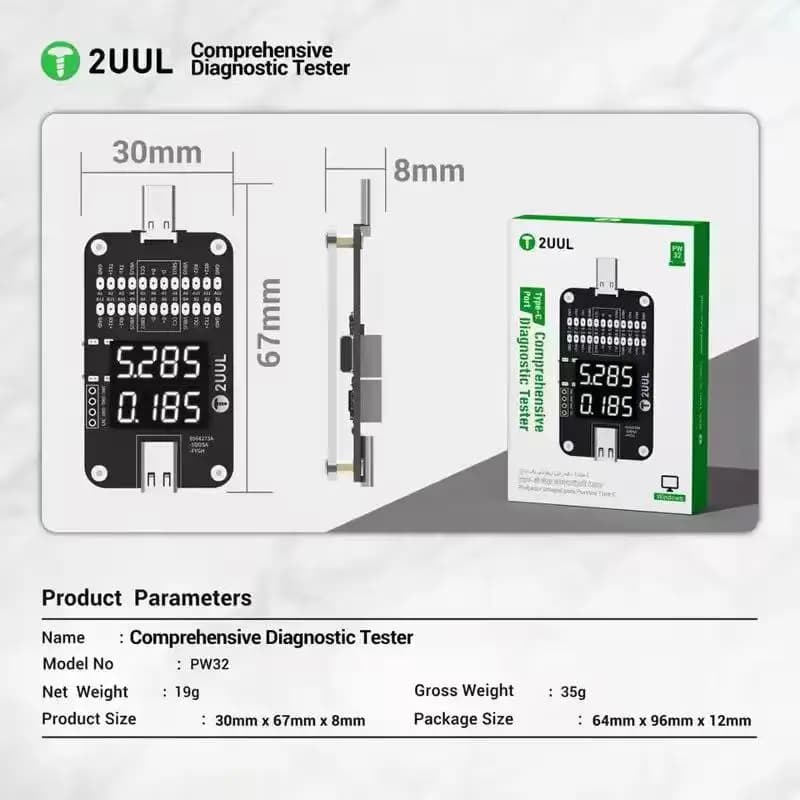 Tester per cavi di tipo C per strumento diagnostico 2UUL PW32 per test di cavi di ricarica rapida Rilevatore di circuiti pin USB C portatile