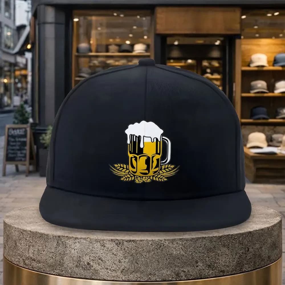 Cappello da Baseball Regolabile in Poliestere con Grafica Birra e Spiga di Grano, Visiera Piatta, Chiusura Snapback, per Sport Casual all'Aperto